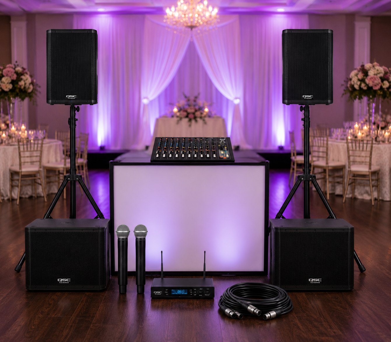 Wedding reception sound rental with speakers, subwoofers and wireless microphones