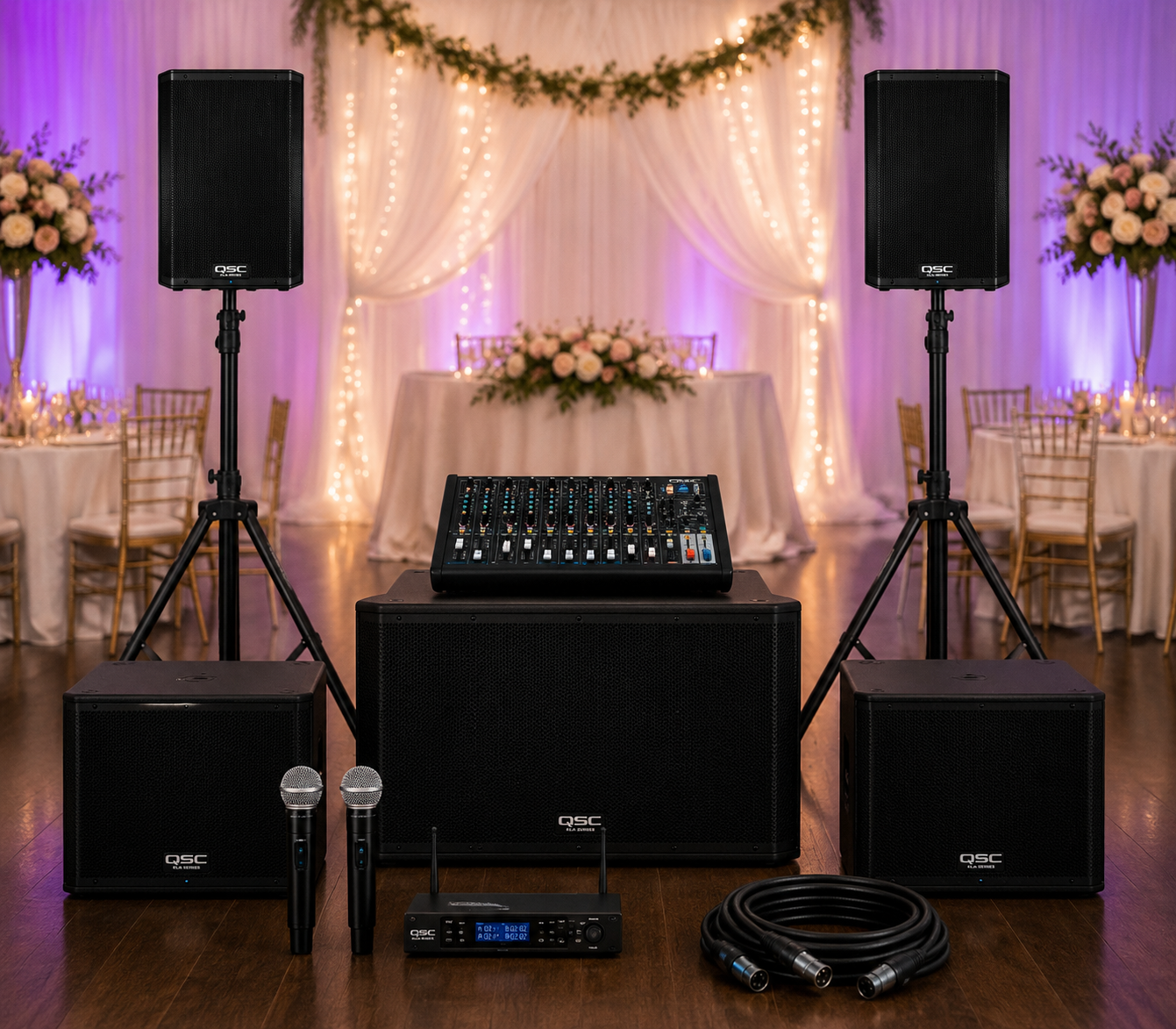Wedding reception sound rental with speakers, subwoofers and wireless microphones