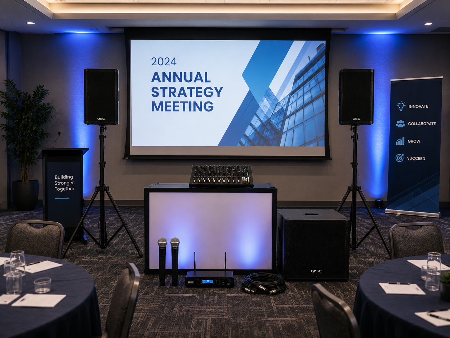 Corporate sound rental with speakers, subwoofers and wireless microphones