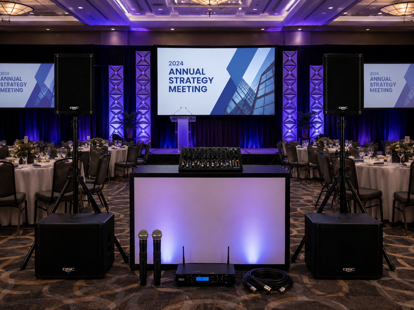 Corporate Event sound rental with speakers, subwoofers and wireless microphones