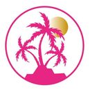 Pink palm trees and golden sun inside a pink circle.Tropics518 Logo