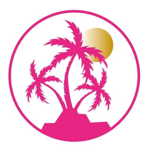 Pink palm trees and golden sun inside a pink circle.Tropics518 Logo