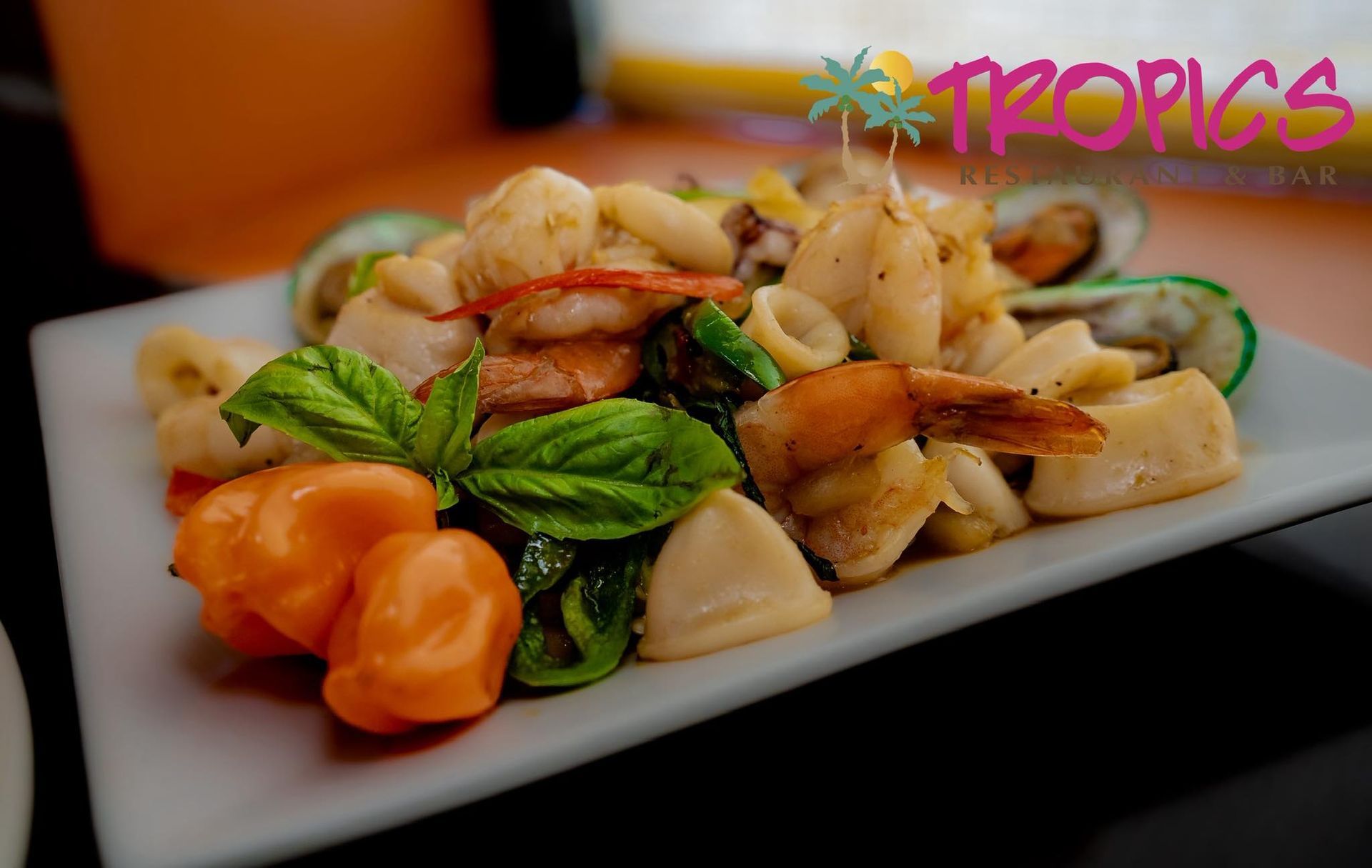 Seafood dish with shrimp, mussels, and peppers on a white plate, garnished with basil. "Tropics" logo in the background.