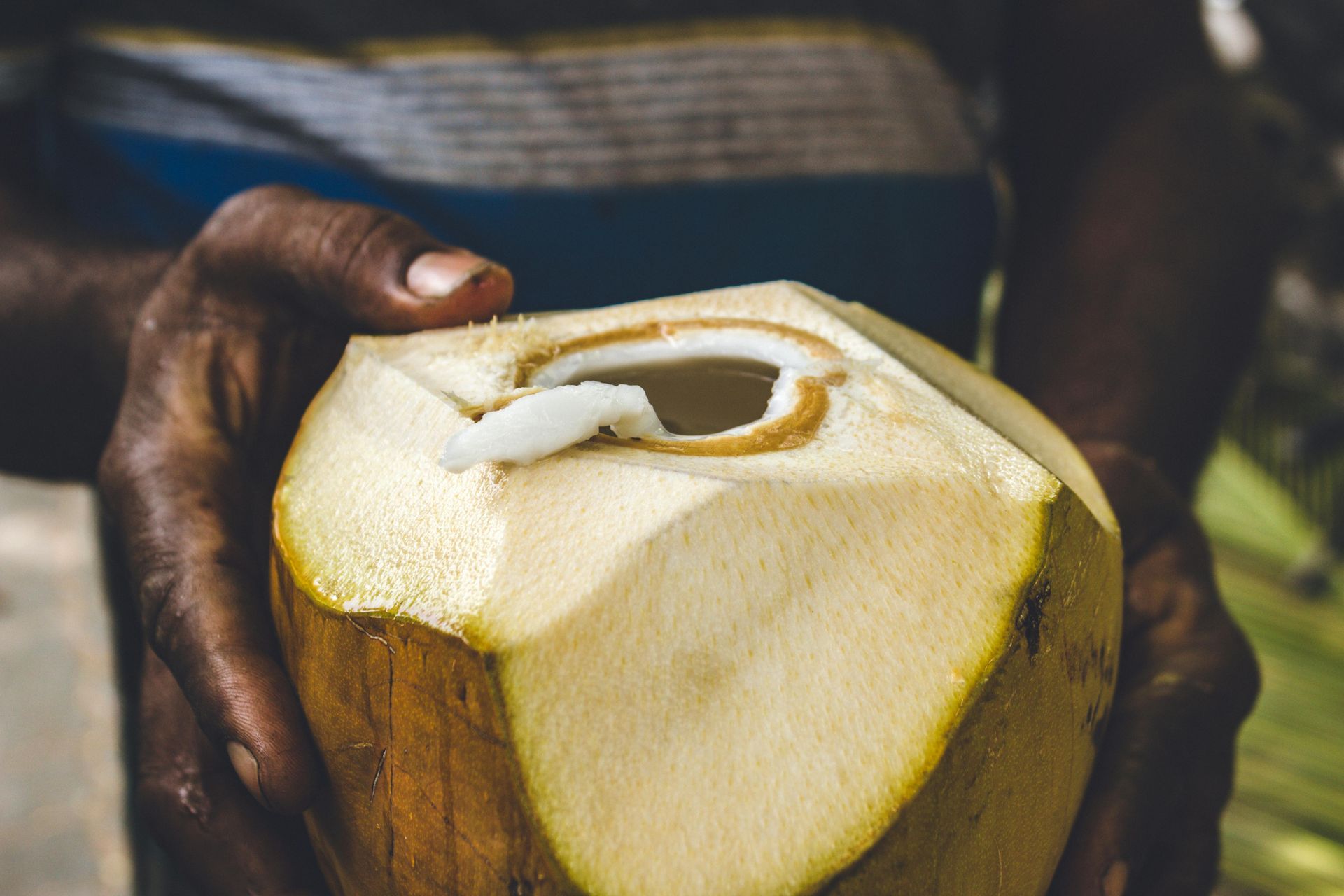 Hands holding a fresh coconut, with a hole cut in the top for drinking.