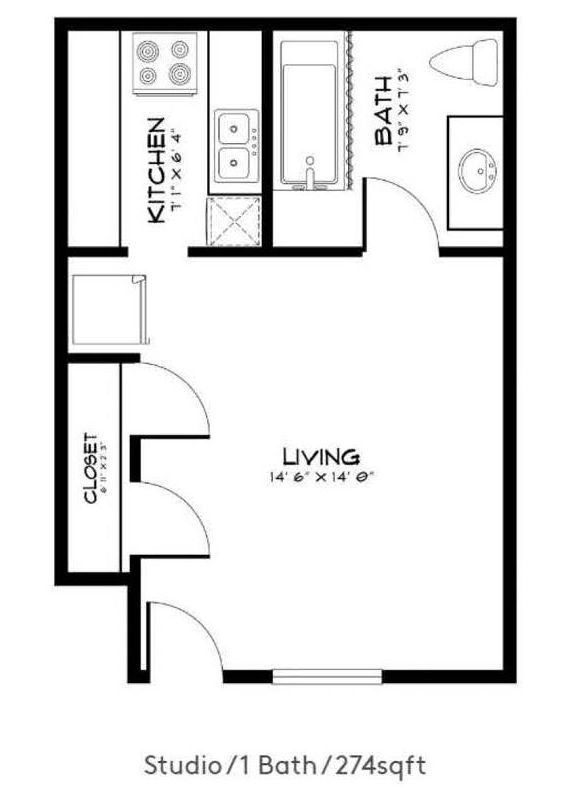 A black and white floor plan of a studio / 1 bath / 274 sq ft apartment.
