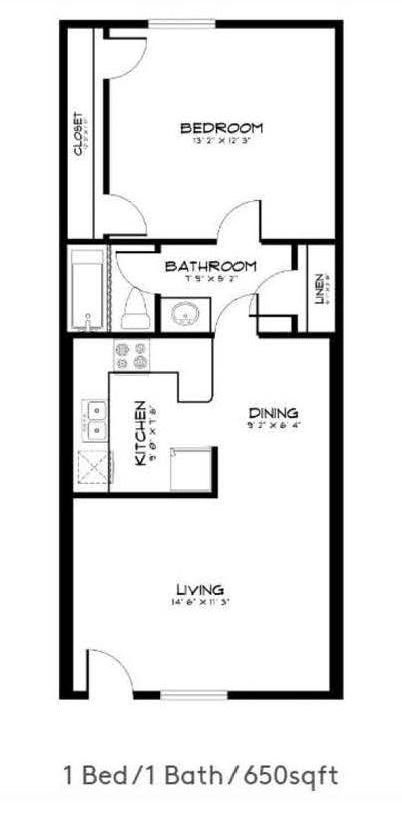 A black and white floor plan of a 1 bed / 1 bath apartment