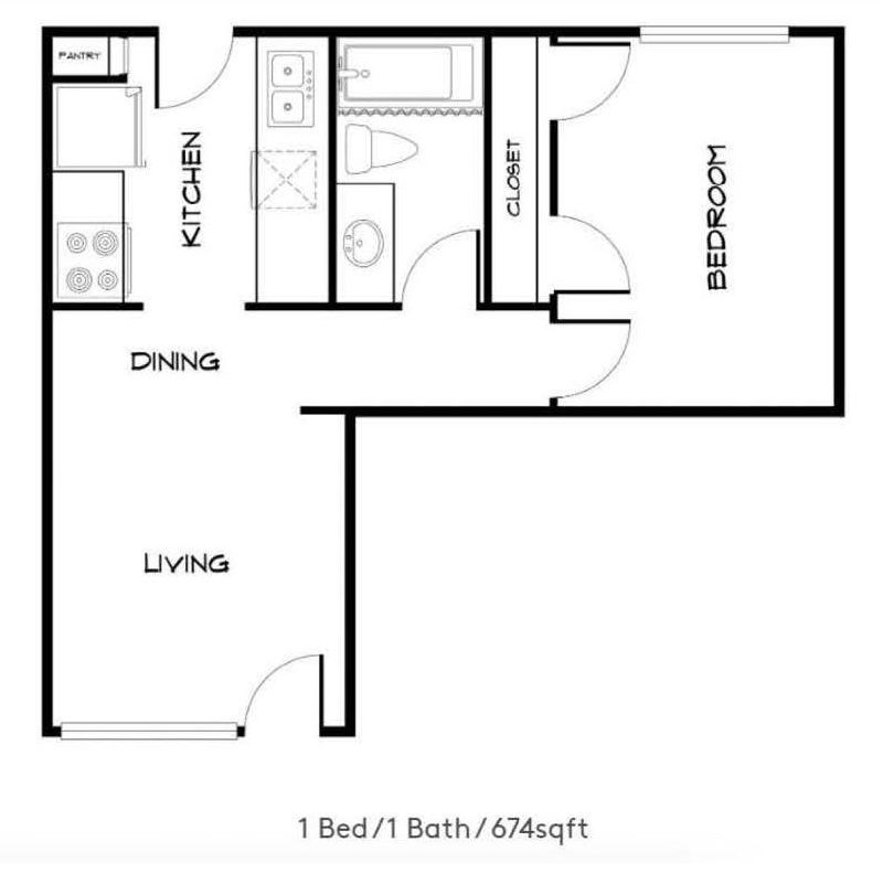A black and white floor plan of a 1 bed / 1 bath apartment.