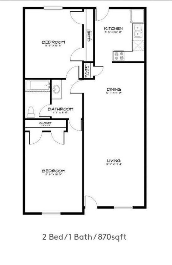A black and white floor plan of a 2 bed 1 bath apartment