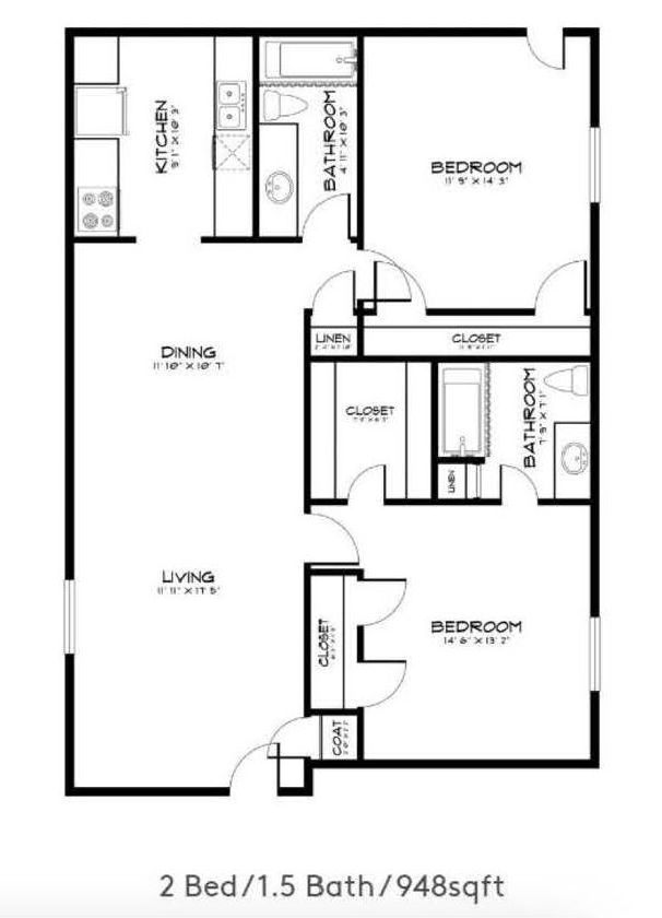 A black and white floor plan of a 2 bed 1.5 bath apartment