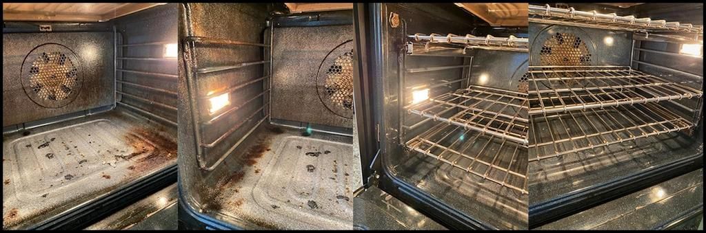 Four-panel photo showing a dirty oven interior with food residue, grease stains, and darkened racks before being cleaned.