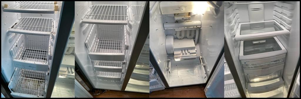 Four views showing the interior shelves and drawers of an empty white refrigerator being cleaned.