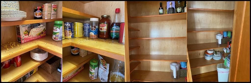 Four panels showing various interior views of wooden pantry shelves.