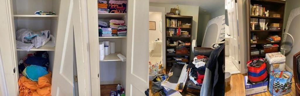 A collage shows messy closets and a cluttered room with shelves.