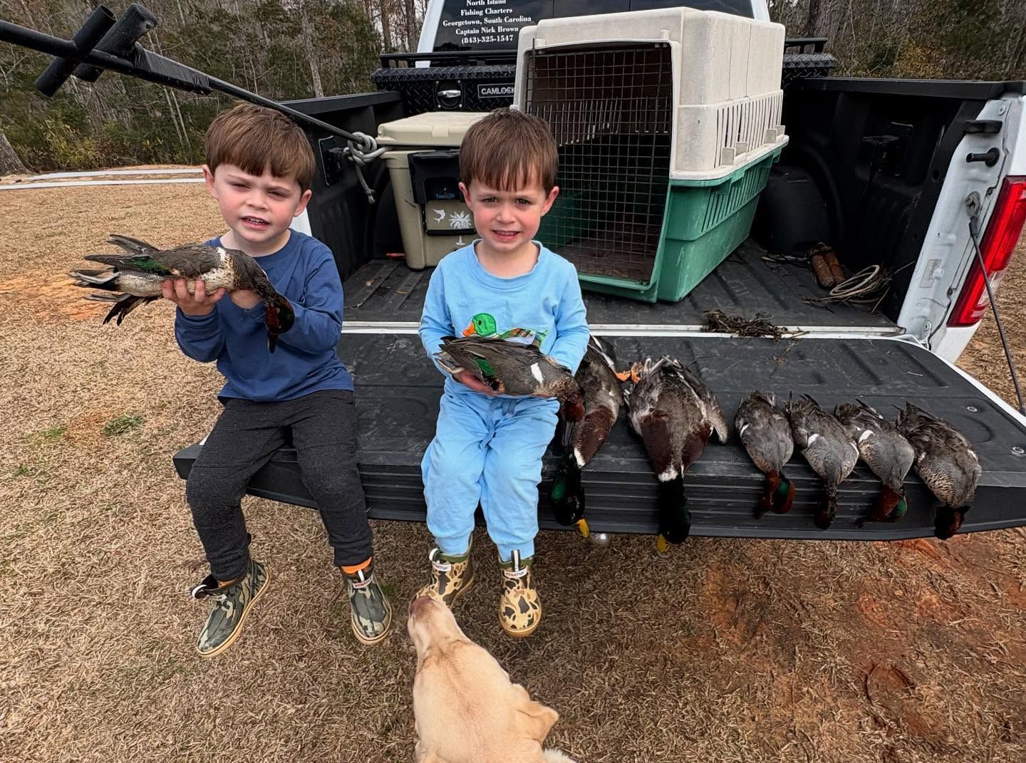 Two young boys are sitting in the back of a truck holding ducks.