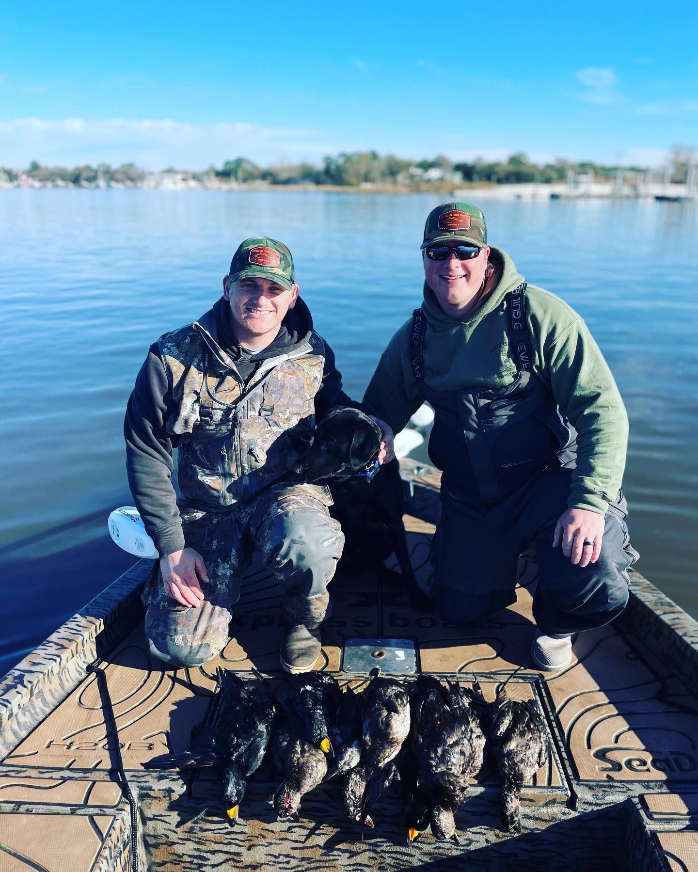 Two men are sitting in a boat with ducks on the back.