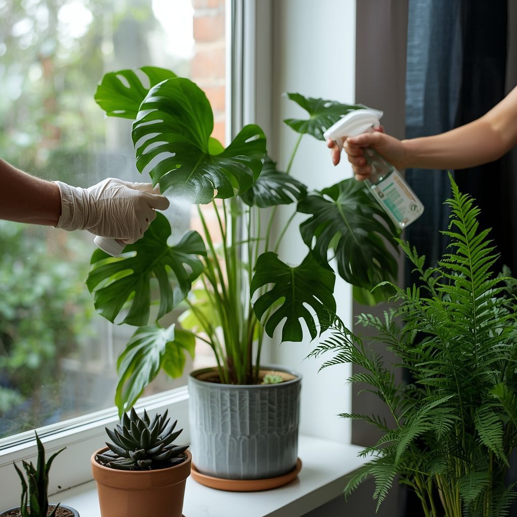 Two people spraying houseplants on a windowsill; one wearing a glove.
