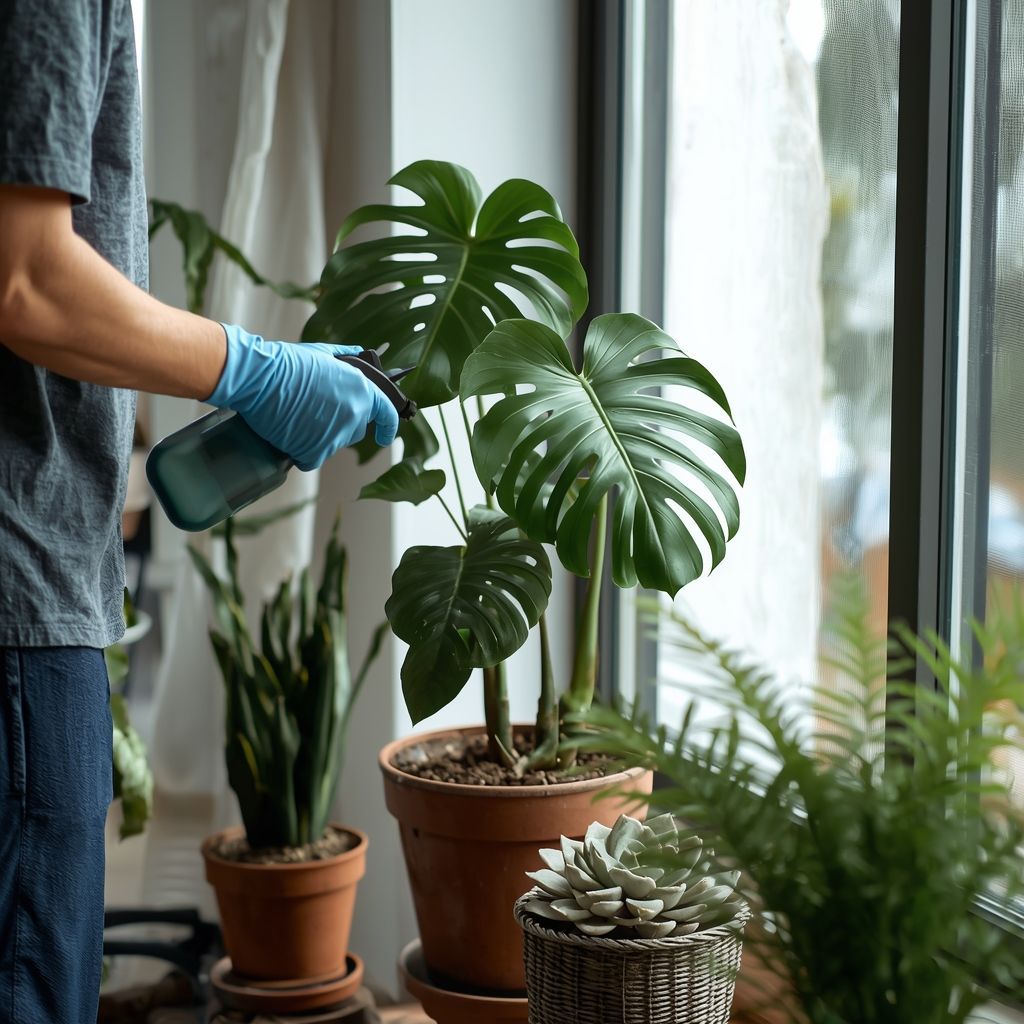 Person in blue gloves spraying water on a potted Monstera plant by a window.