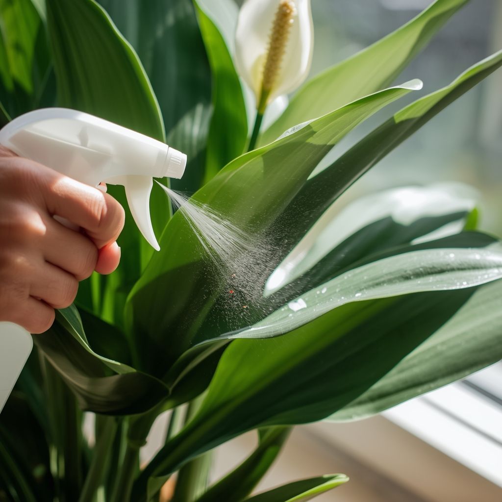 A hand sprays a peace lily plant with a white spray bottle near a window.