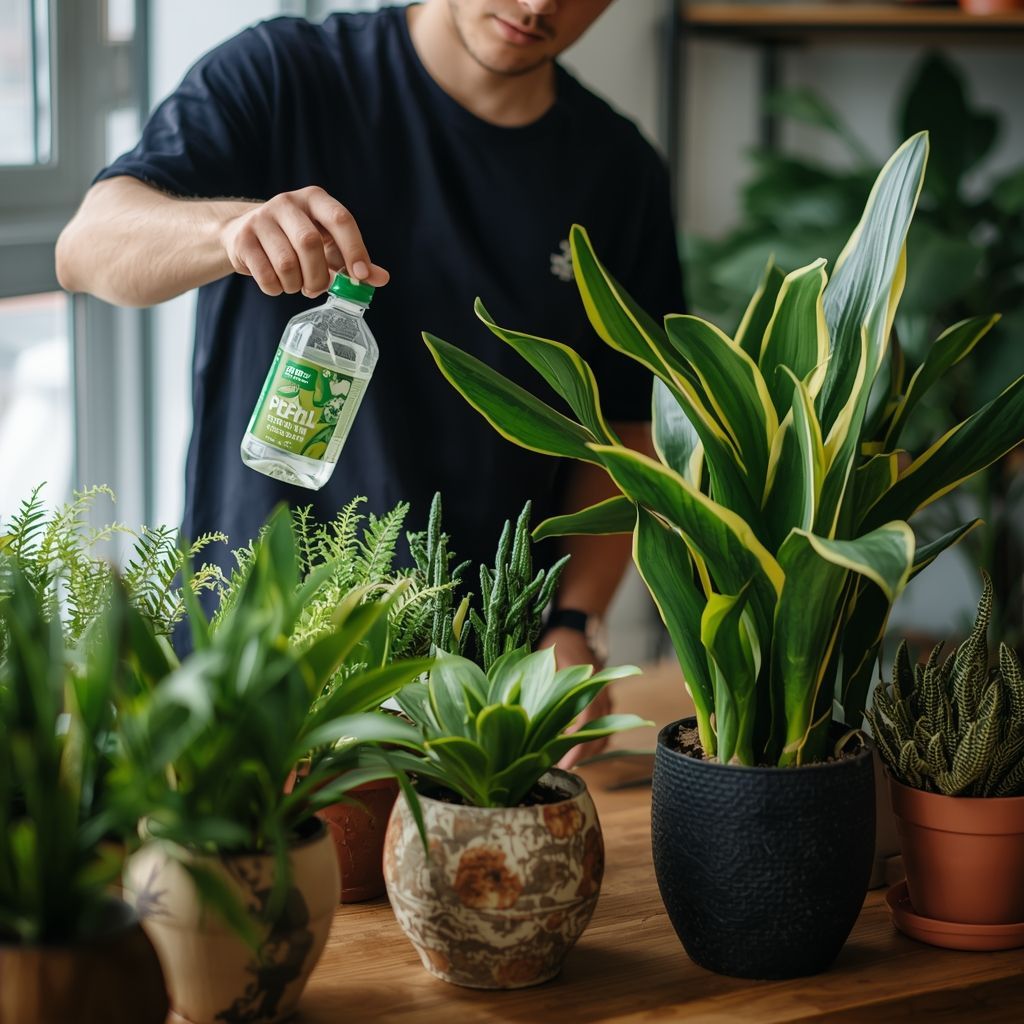Man waters plants with a liquid fertilizer bottle indoors; plants on a table, sunny room.