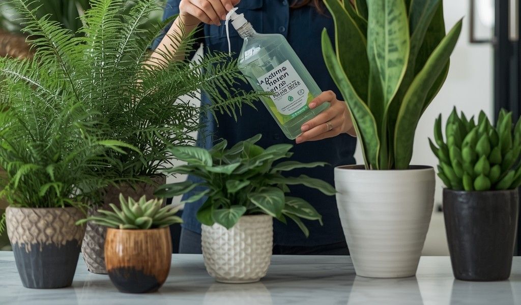Woman waters indoor plants from a spray bottle; various green plants in pots on a table.