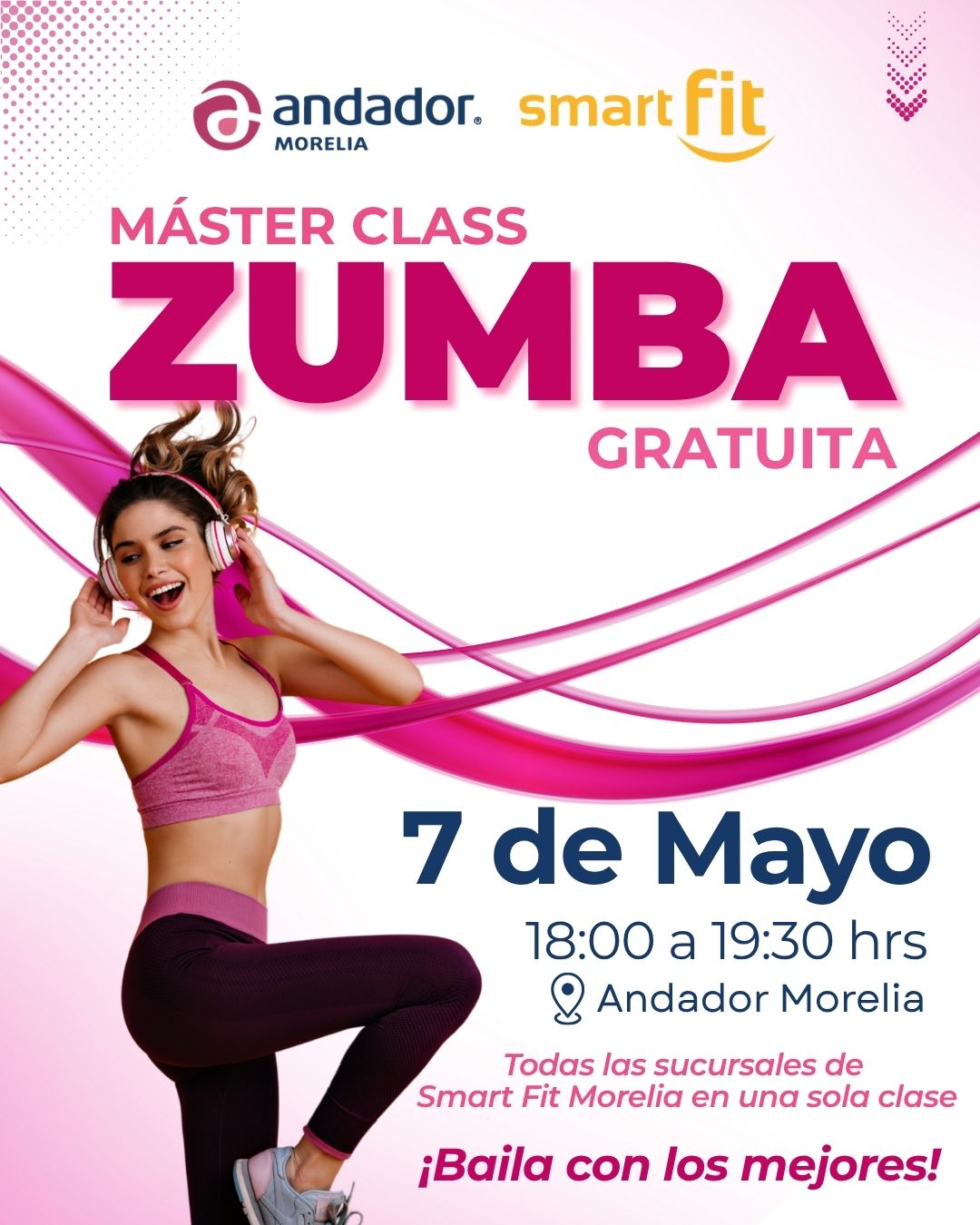 Cartel de Master Class Zumba gratuita el 7 de mayo en Andador Morelia, con bailarina rosa.