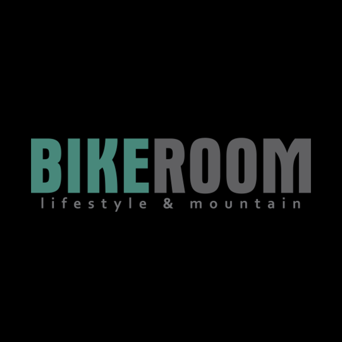 El logotipo del estilo de vida y la montaña de Bikeroom está sobre un fondo negro.