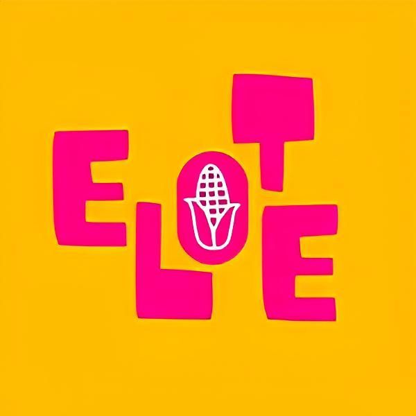 Logotipo de EL Elote, en amarillo con letras rosas y un gran elote en el centro