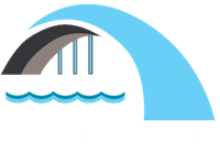 A logo showing a grey bridge arch, three vertical blue supports, and a blue wave symbol underneath a large blue arc.