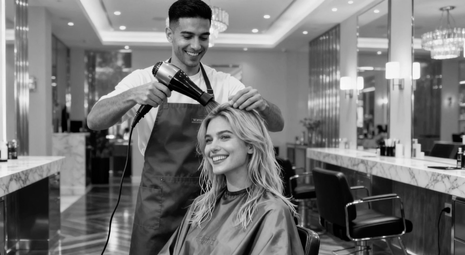 Woman in apron holds tablet, smiles. Inside a salon with shelves.