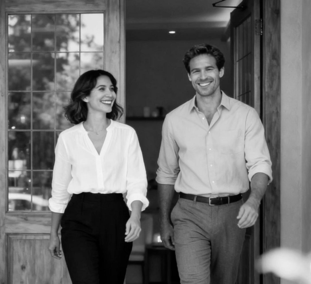 Hairdresser styling a client's hair in a salon; products on shelves and counter visible.