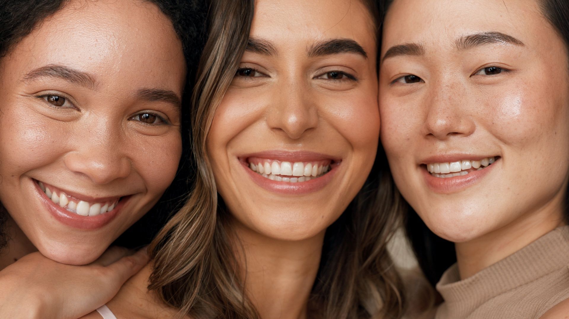 Three women are smiling for the camera and looking at the camera.