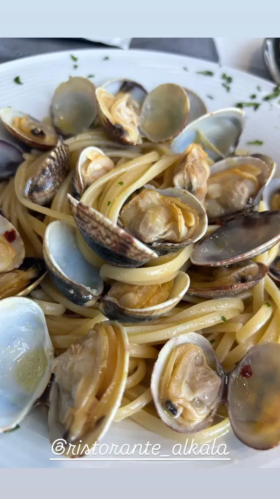 Un piatto di linguine alle vongole con vongole fresche in salsa leggera, guarnite con erbe aromatiche e peperoncino in scaglie.