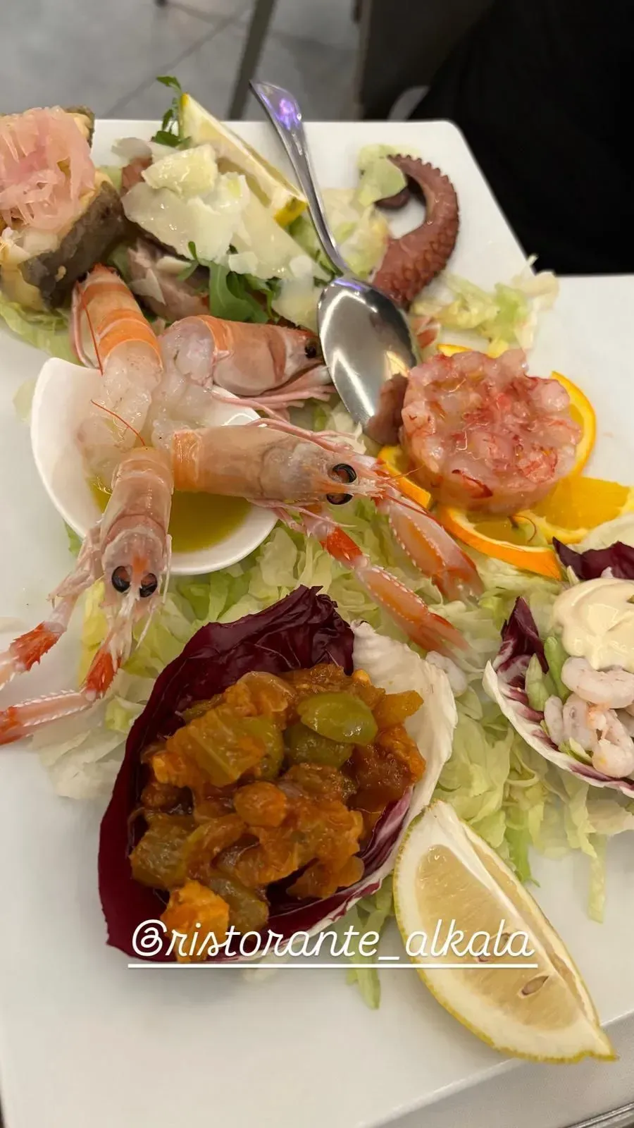 Un piatto misto di antipasti a base di frutti di mare, tra cui scampi crudi, polpo e un'insalata di verdure, servito su un piatto bianco.