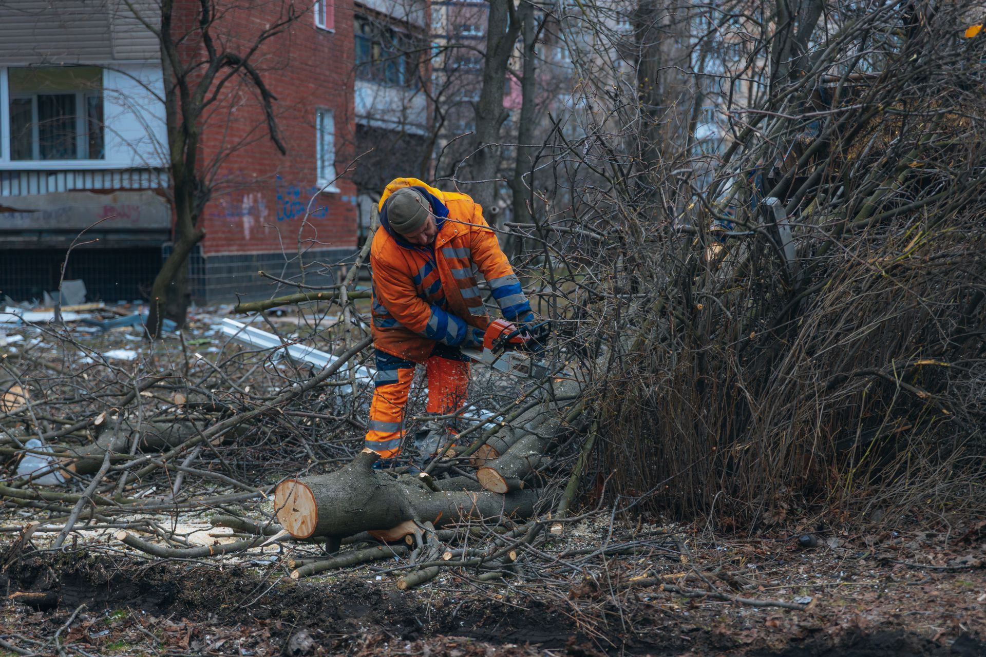 Cleanup process and recovery work in a residential area after an urban disaster or storm. Cleanup process and recovery work in a residential area after an urban disaster or storm.