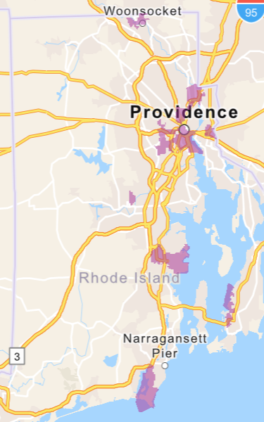 A map highlighting Rhode Island's Qualified Census Tracts.