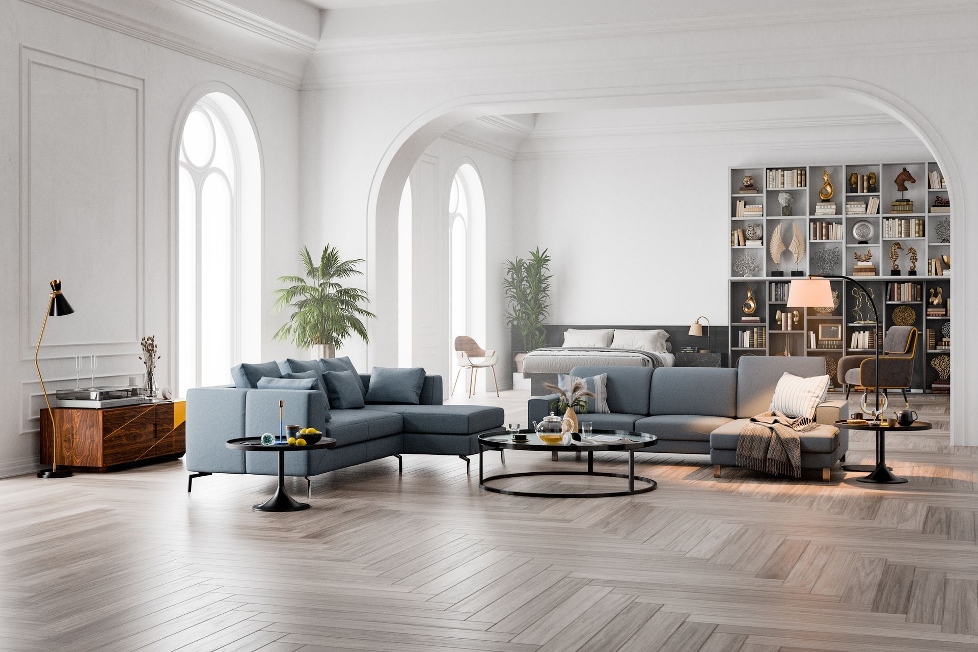 A living room filled with furniture and a bed.