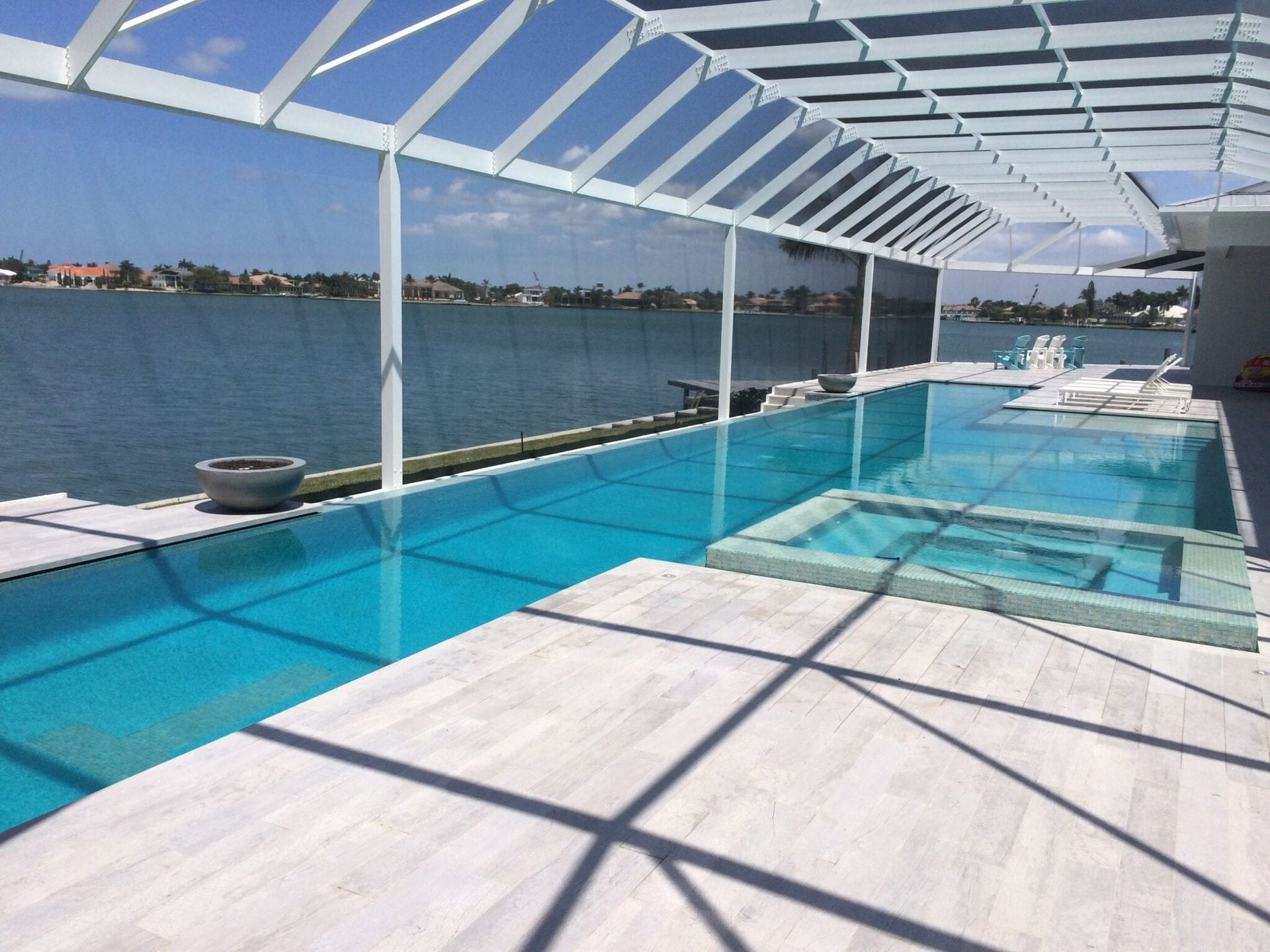 A large swimming pool with a view of a body of water