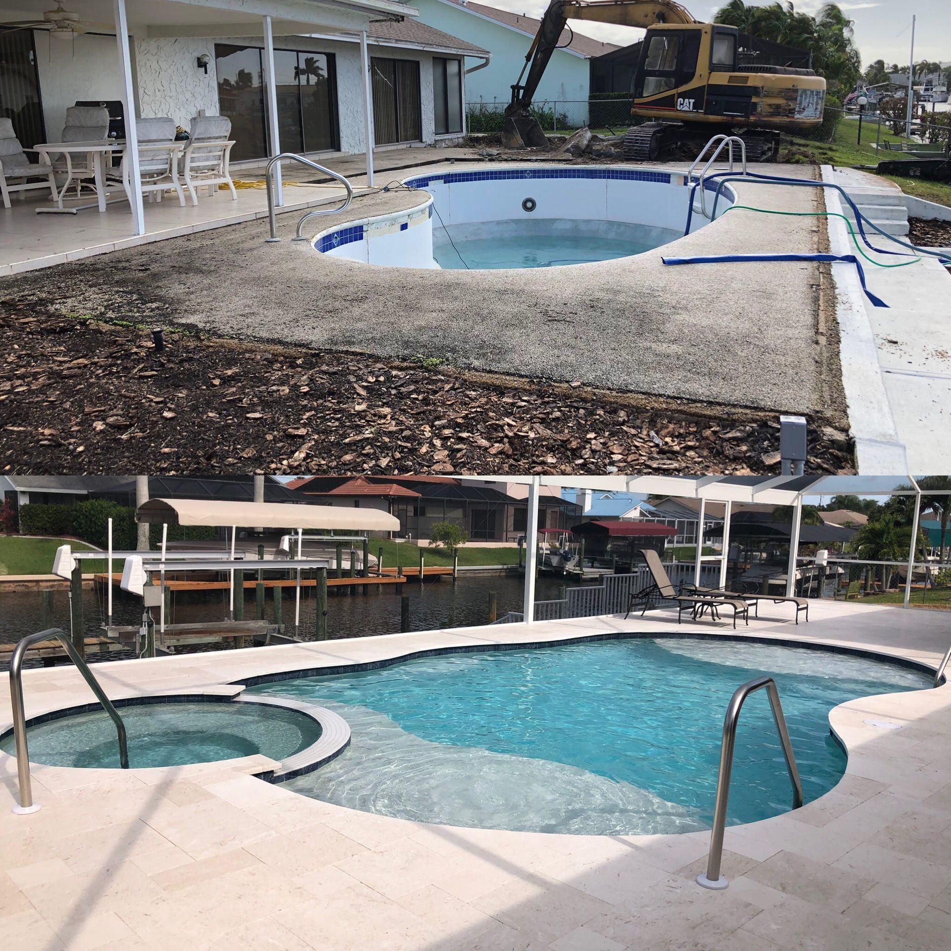 A before and after photo of a swimming pool built by Into h2o Pools & Spas Cape Coral