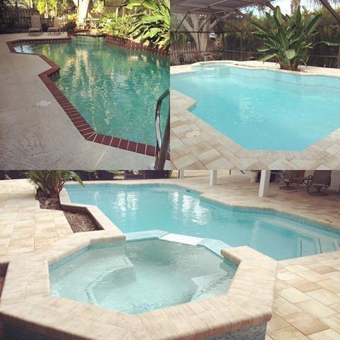 A swimming pool with a hot tub next to it built by Into h2o Pools & Spas Cape Coral