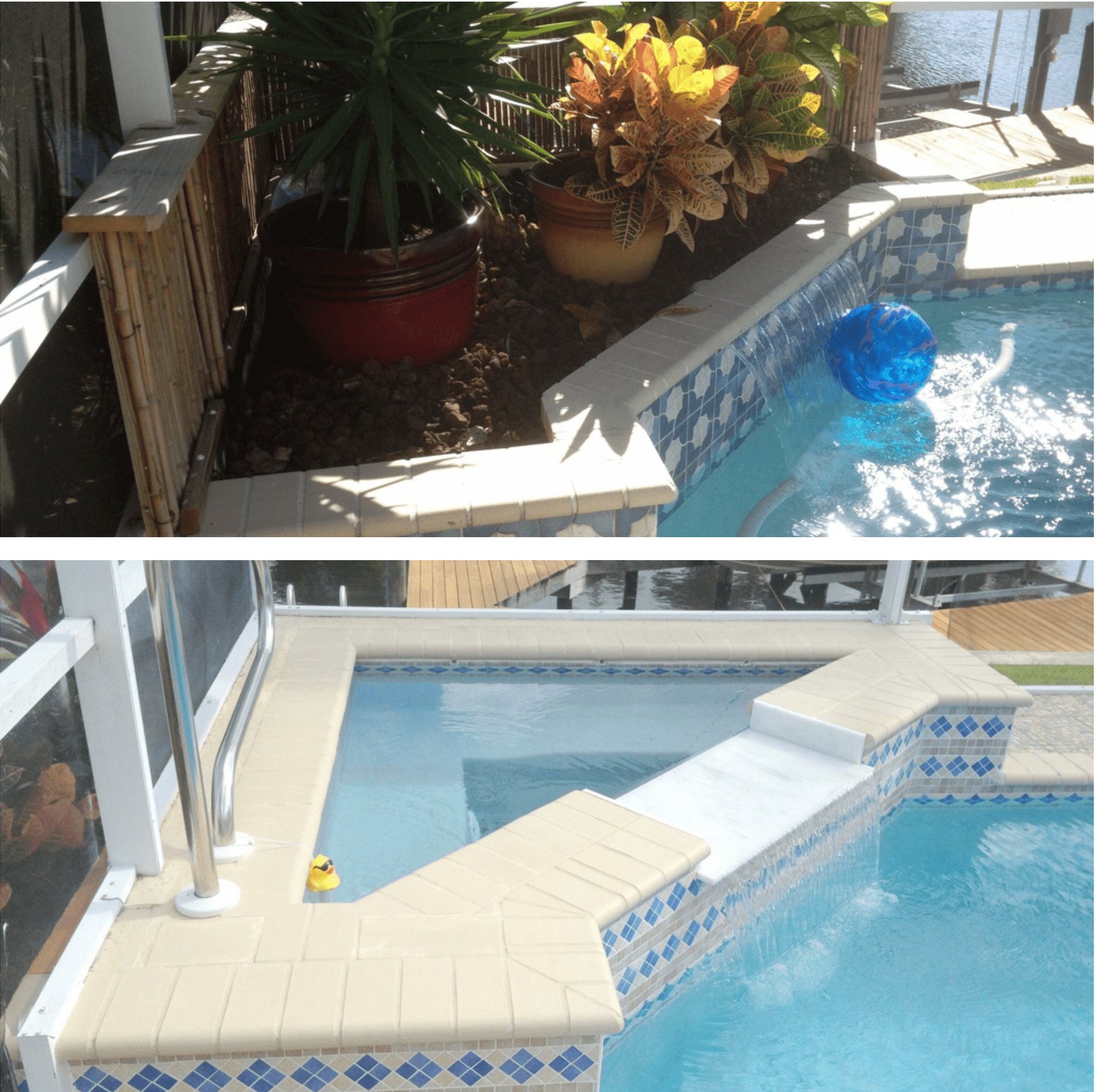 A before and after photo of a swimming pool built by Into h2o Pools & Spas Cape Coral