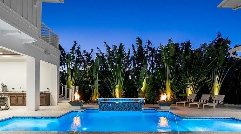 A large swimming pool in the backyard of a house