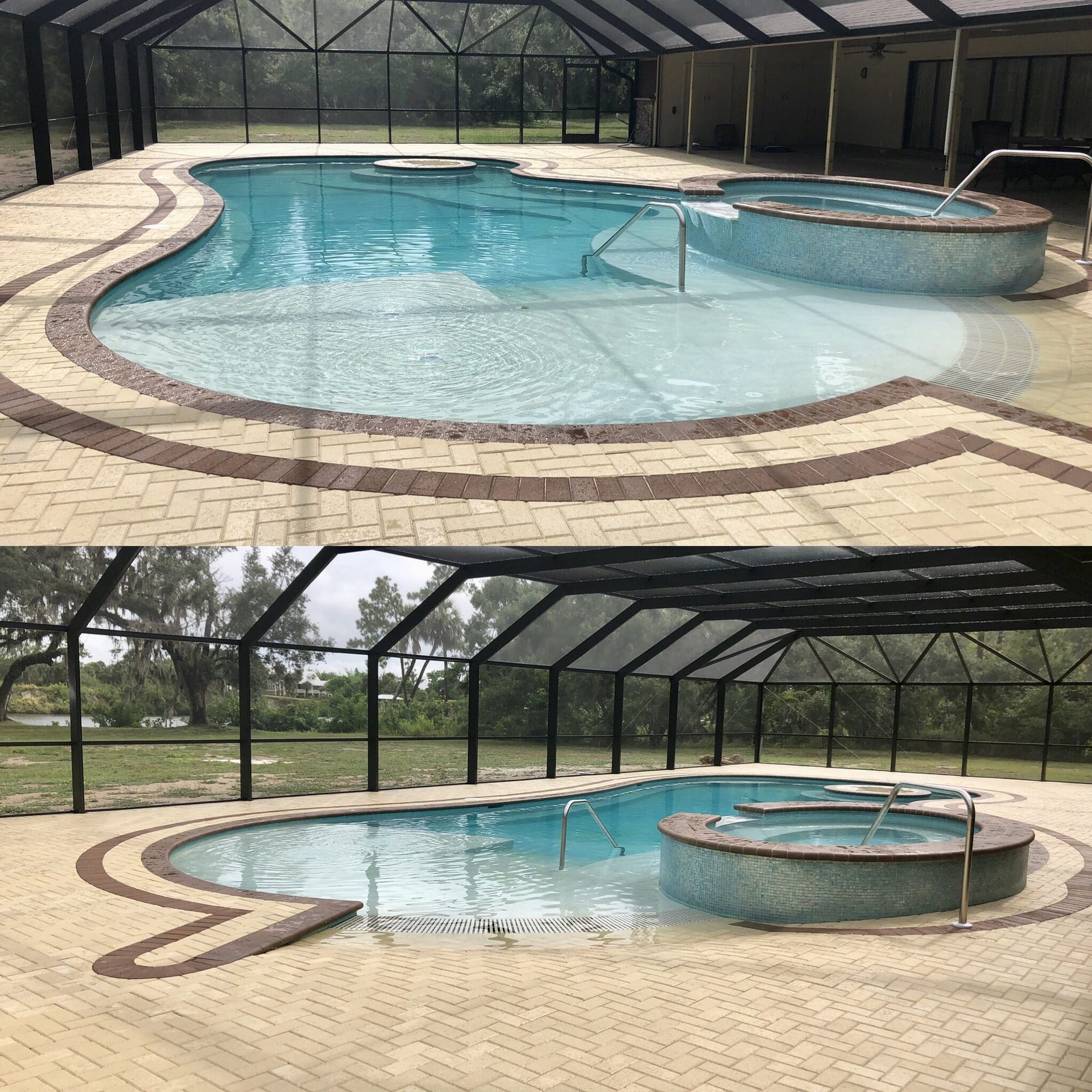 A before and after picture of a swimming pool and spa.