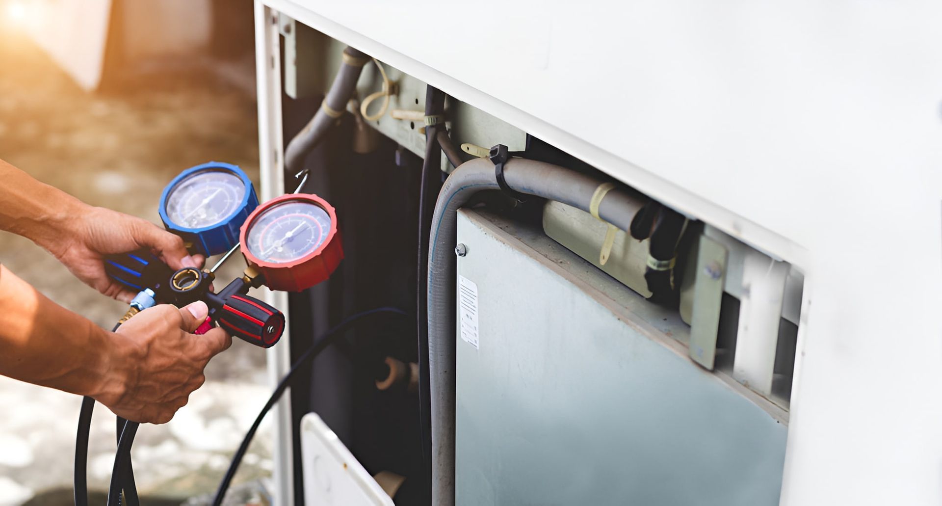A Technician Using Gauges to Service an Outdoor Air Conditioning Unit — Frosty Solutions Air Conditioning In Mudgee, NSW