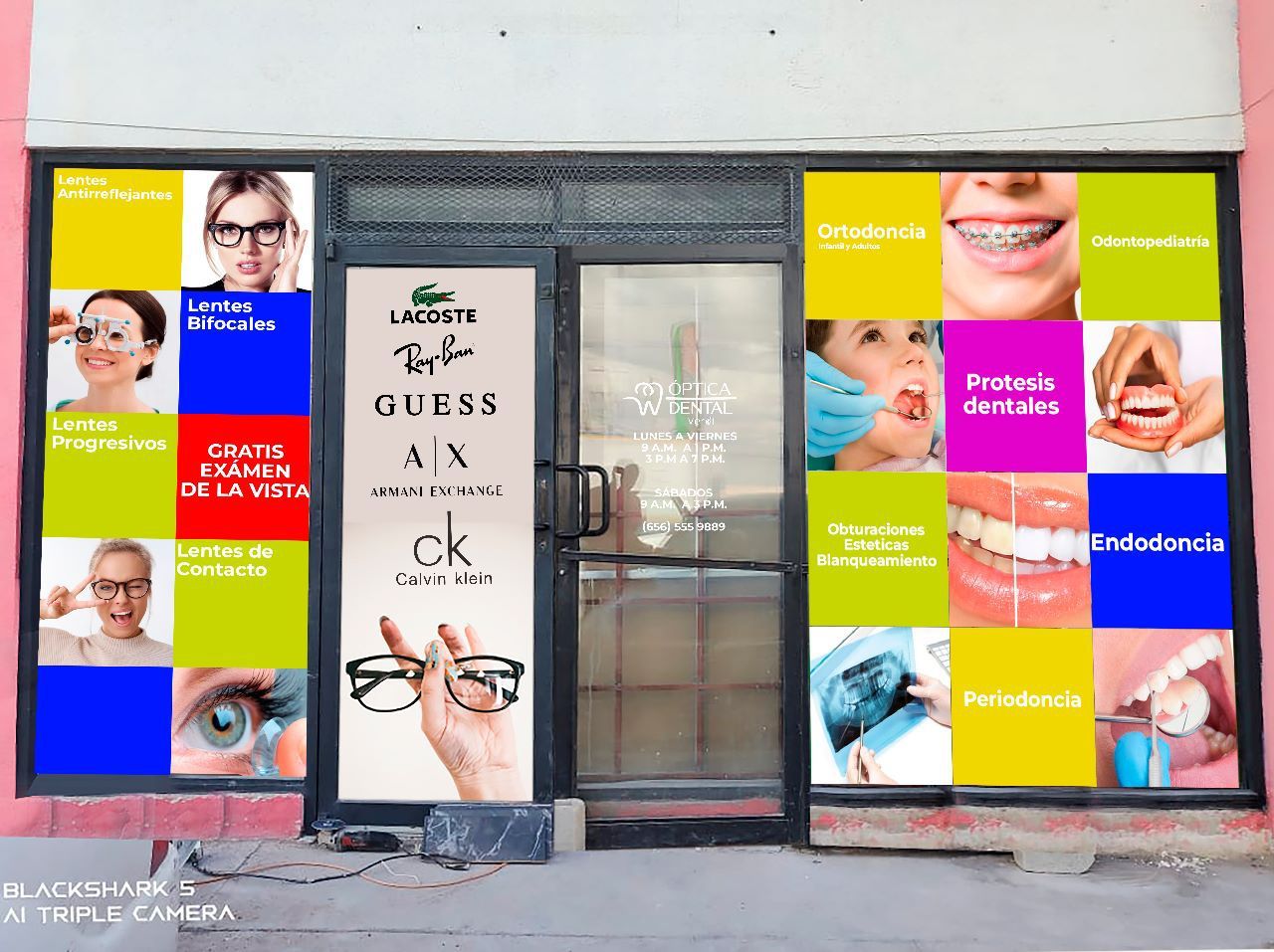 Escaparate con publicidad de gafas y servicios dentales. Marcas como Lacoste, Guess, AX y Calvin Klein.