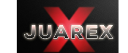Logotipo de Juarex: texto blanco con un contorno brillante sobre un fondo negro, con una X roja detr&aacute;s.