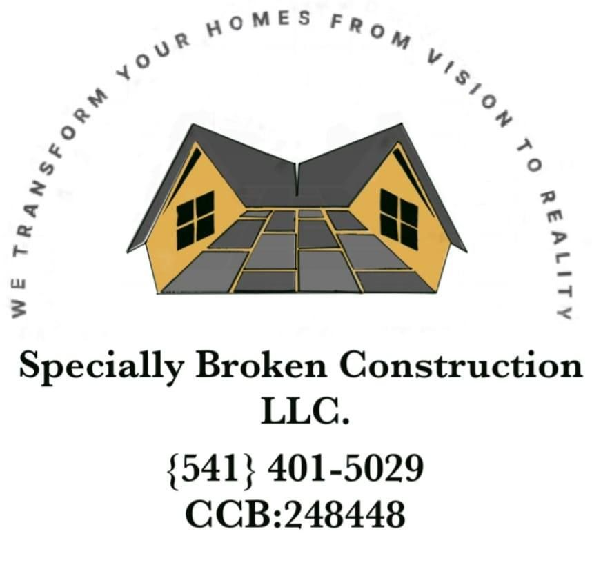 Specially Broken Construction LLC logo with yellow house, phone number, and CCB license number