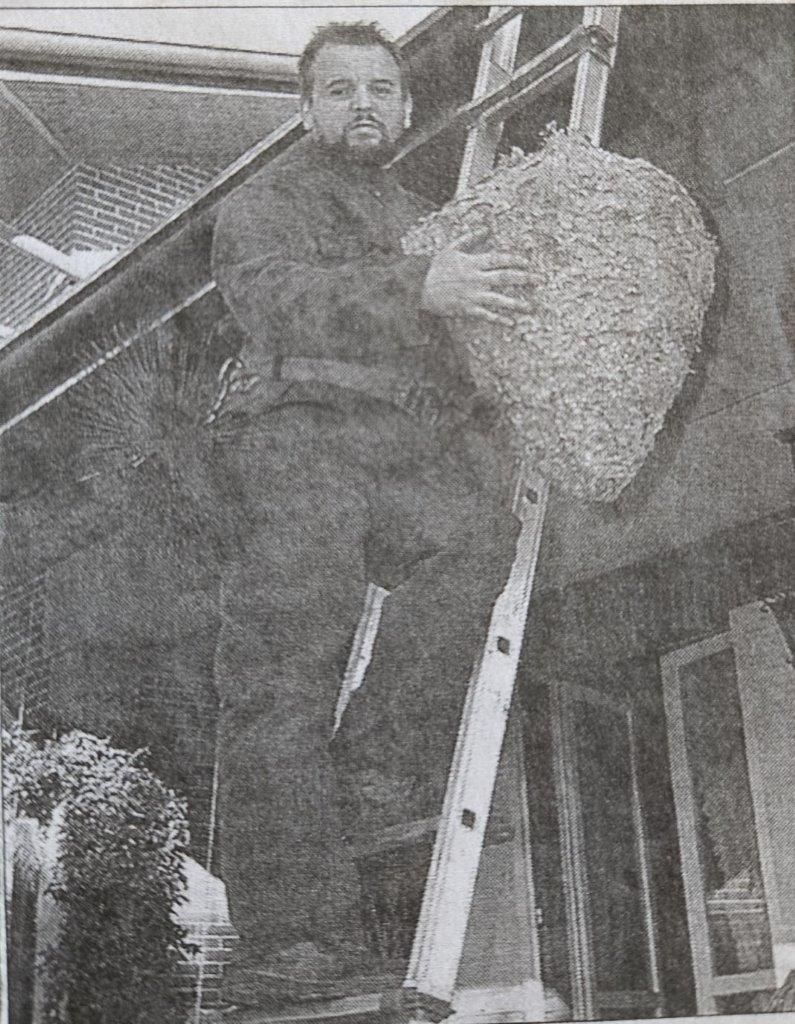 spazzacamino è in piedi su una scala e tiene in mano un alveare.