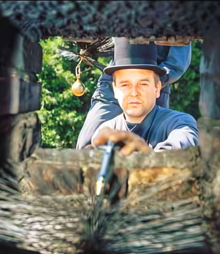 Spazzacamino con cilindro in testa mentre pulisce un camino
