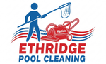 Ethridge Pool Cleaning logo: Blue figure with net, red pool vacuum, red/blue waves.
