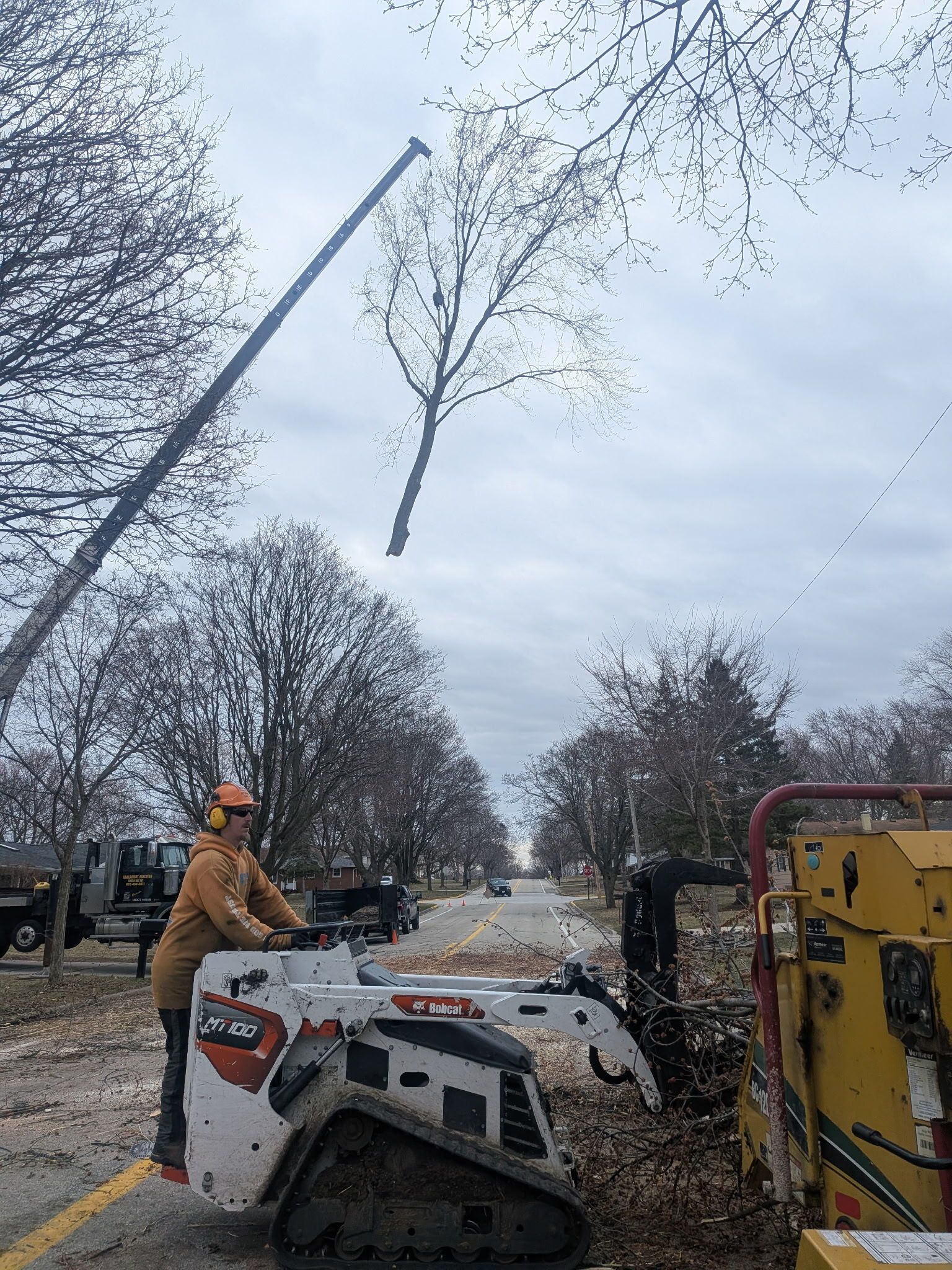 A person in safety gear operates a white skid-steer loader while a crane lifts a tree branch in a residential street.
